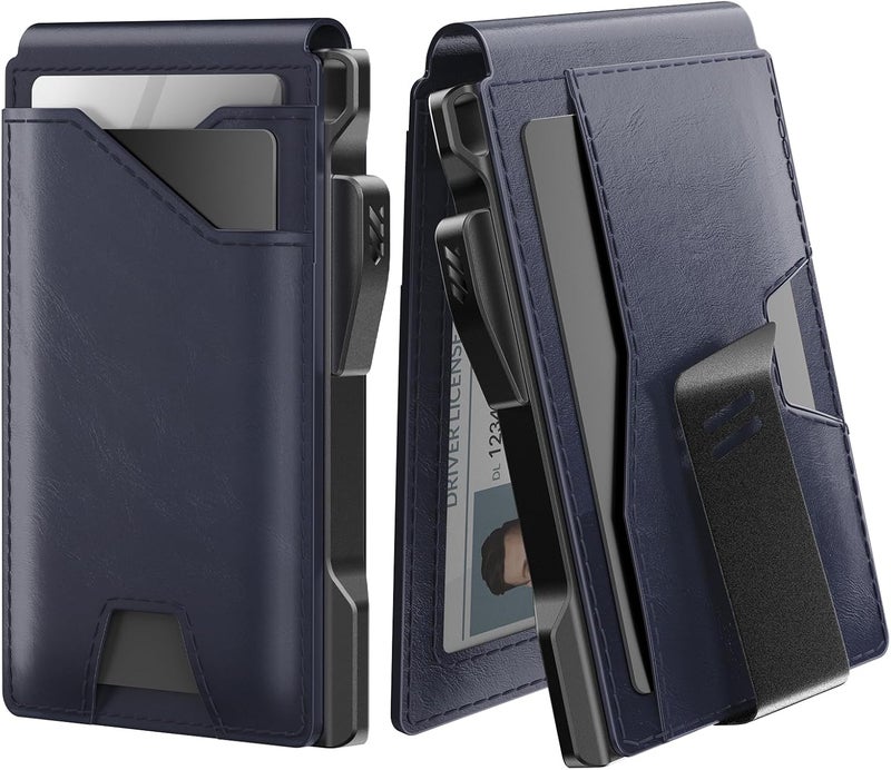 typecase Tactical Wallet for Men Card Holder: Pop Up Card Case, Genuine Leather, Smart, RFID Blocking, Slim, Minimalist, Thin, Front Pocket - 9-13 Card Capacitiy, ID Window, Money Clip (Navy) - Image 1